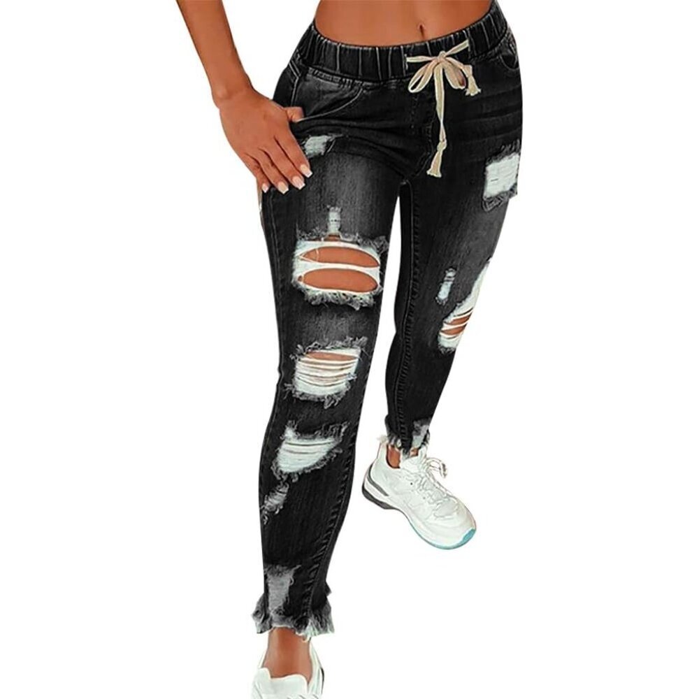 Women High Waist Skinny Ripped Denim Jeans Plus Size Black Casual